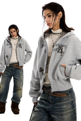 Leopard Crest Cropped Hoodie - Gray