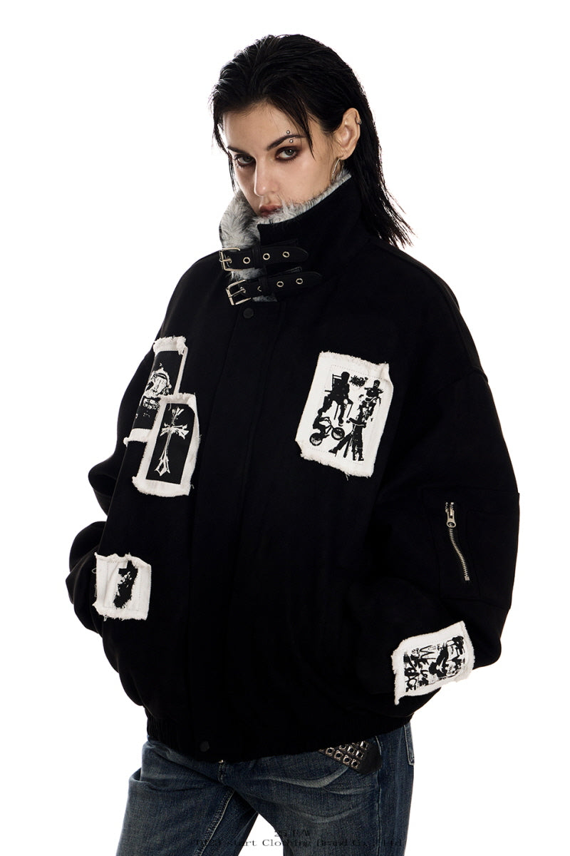 Shadow Patch Fur-Collar Warm Jacket - Black