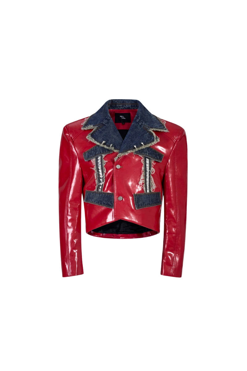 Raw Riot Denim-Panel Cropped Leather Jacket - Red