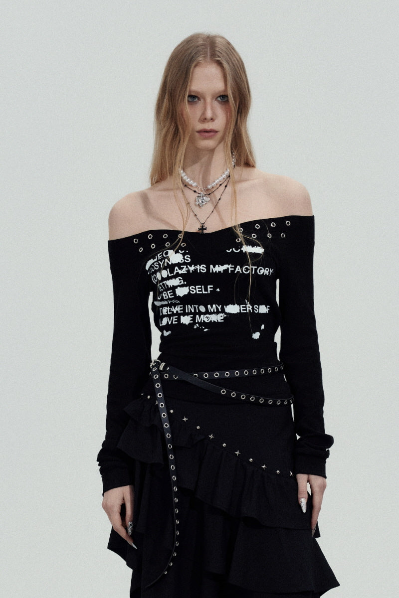 Studded Graphic Off-Shoulder Top