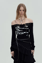 Studded Graphic Off-Shoulder Top