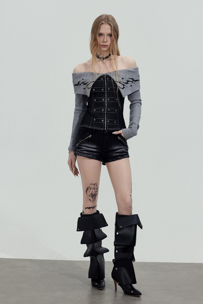 Gothic Cross Low-Rise Denim Shorts