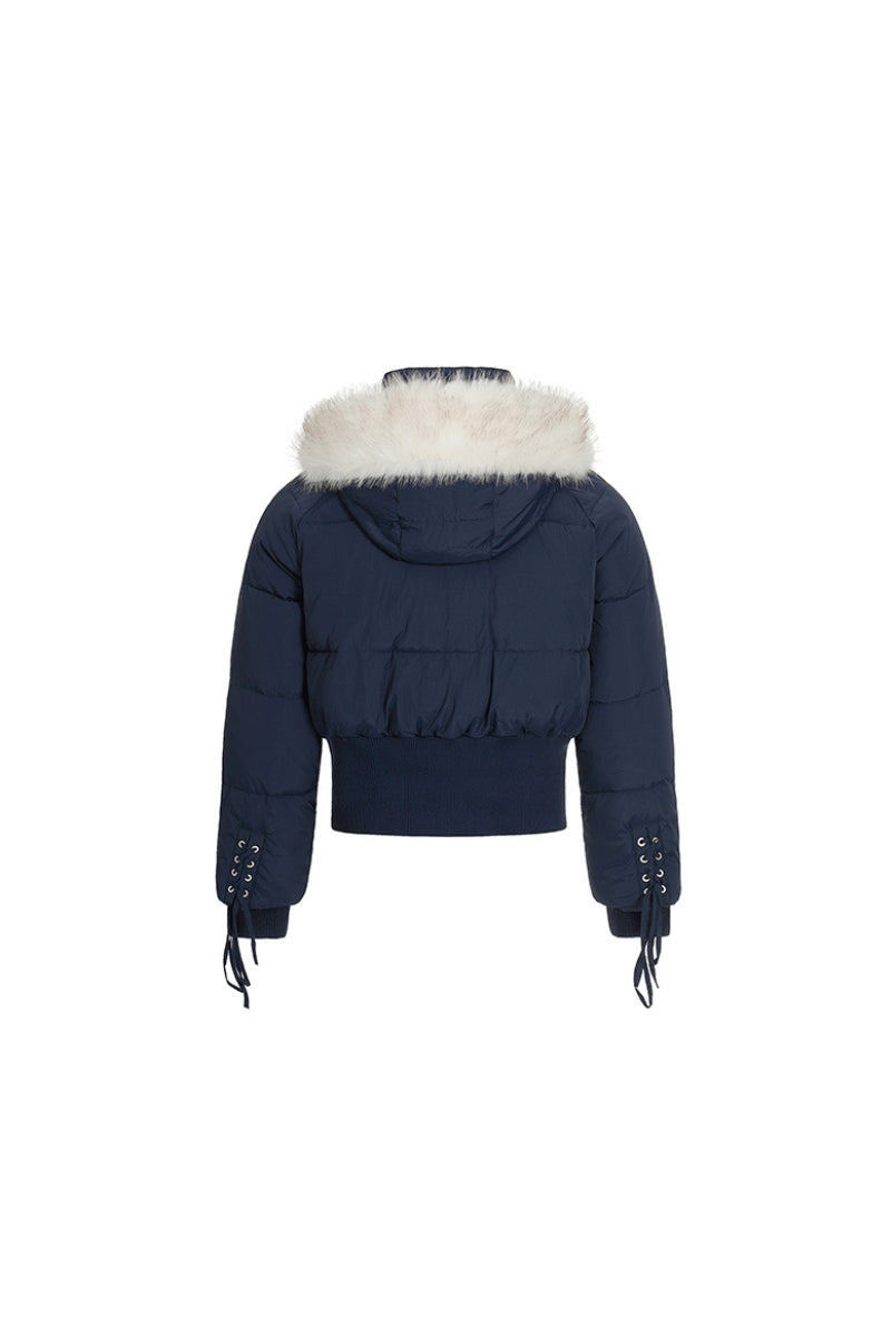 Frostbound Lace-Up Cropped Puffer Jacket - Navy