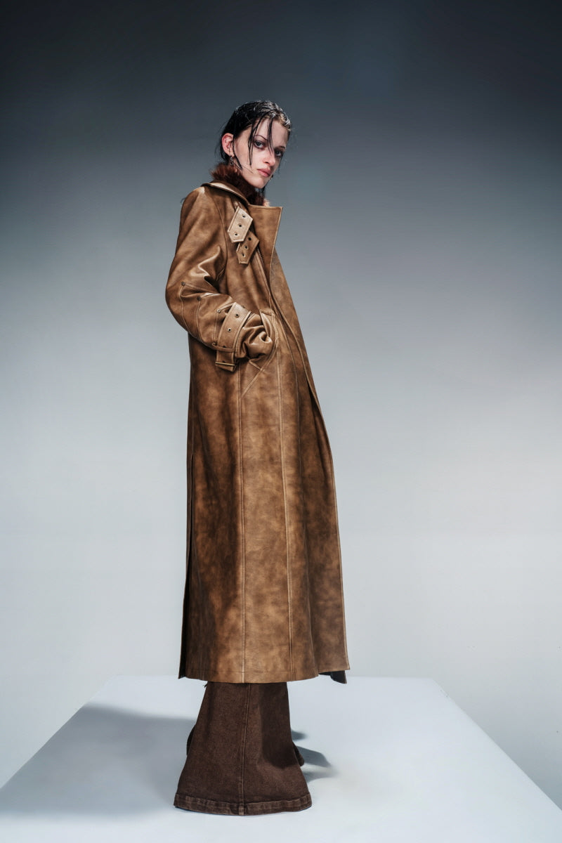 Vintage Padded Leather Trench Coat