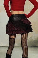 Dual Plaid Patchwork Leather Mini Skirt