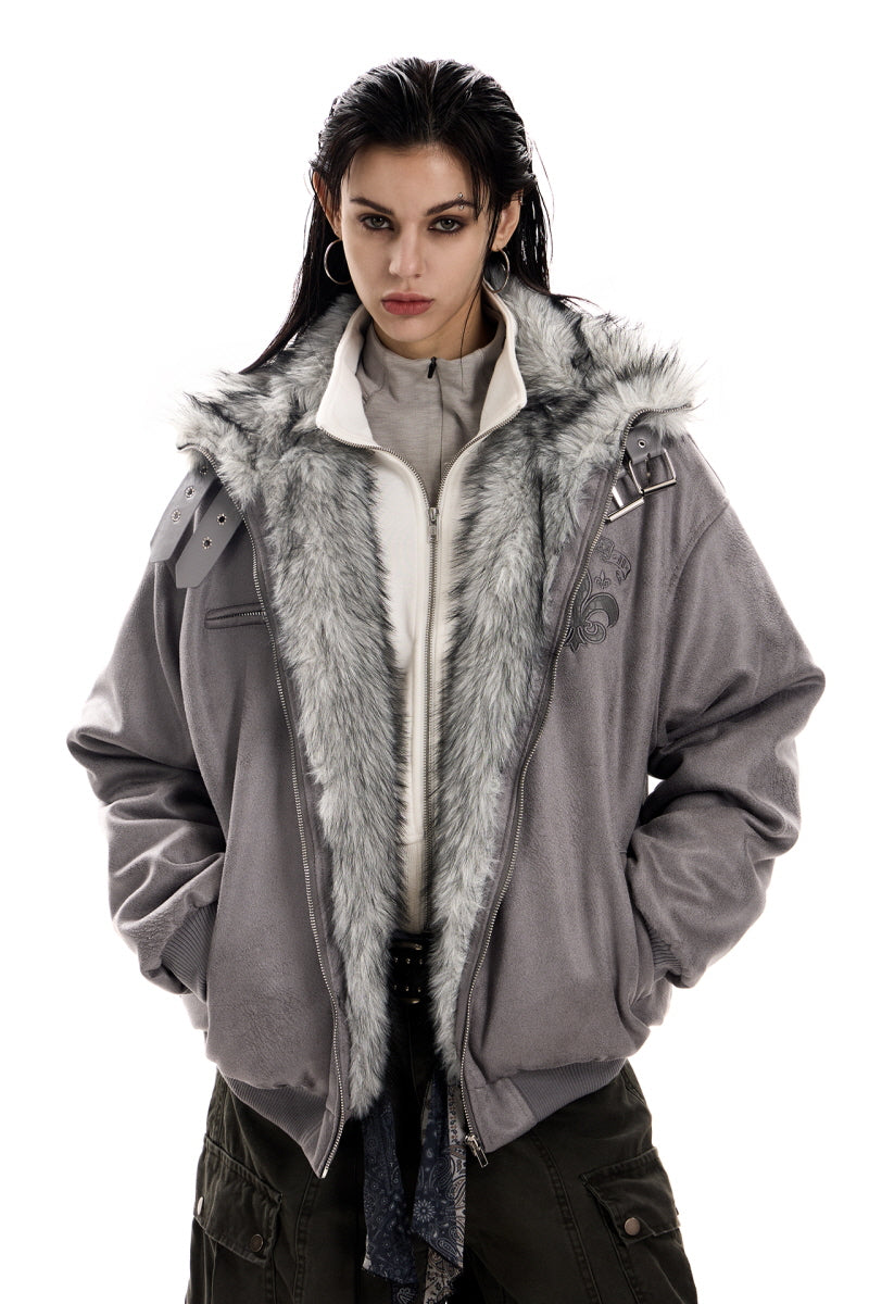 Shadow Crest Faux-Fur Suede Bomber Jacket - Gray