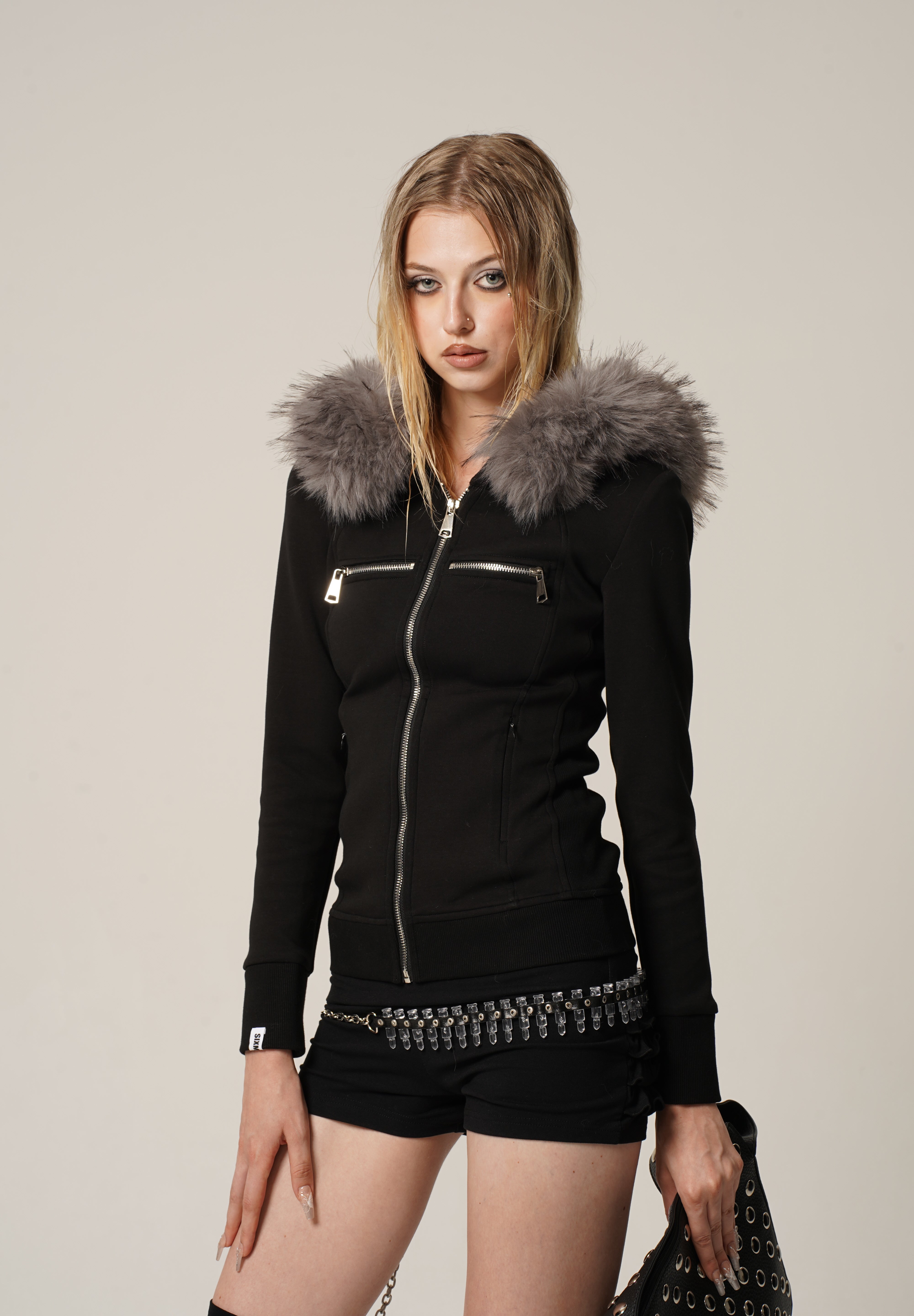 Fur Trimmed Elegance Hoodie Jacket - Black