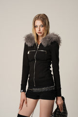 Fur Trimmed Elegance Hoodie Jacket - Black