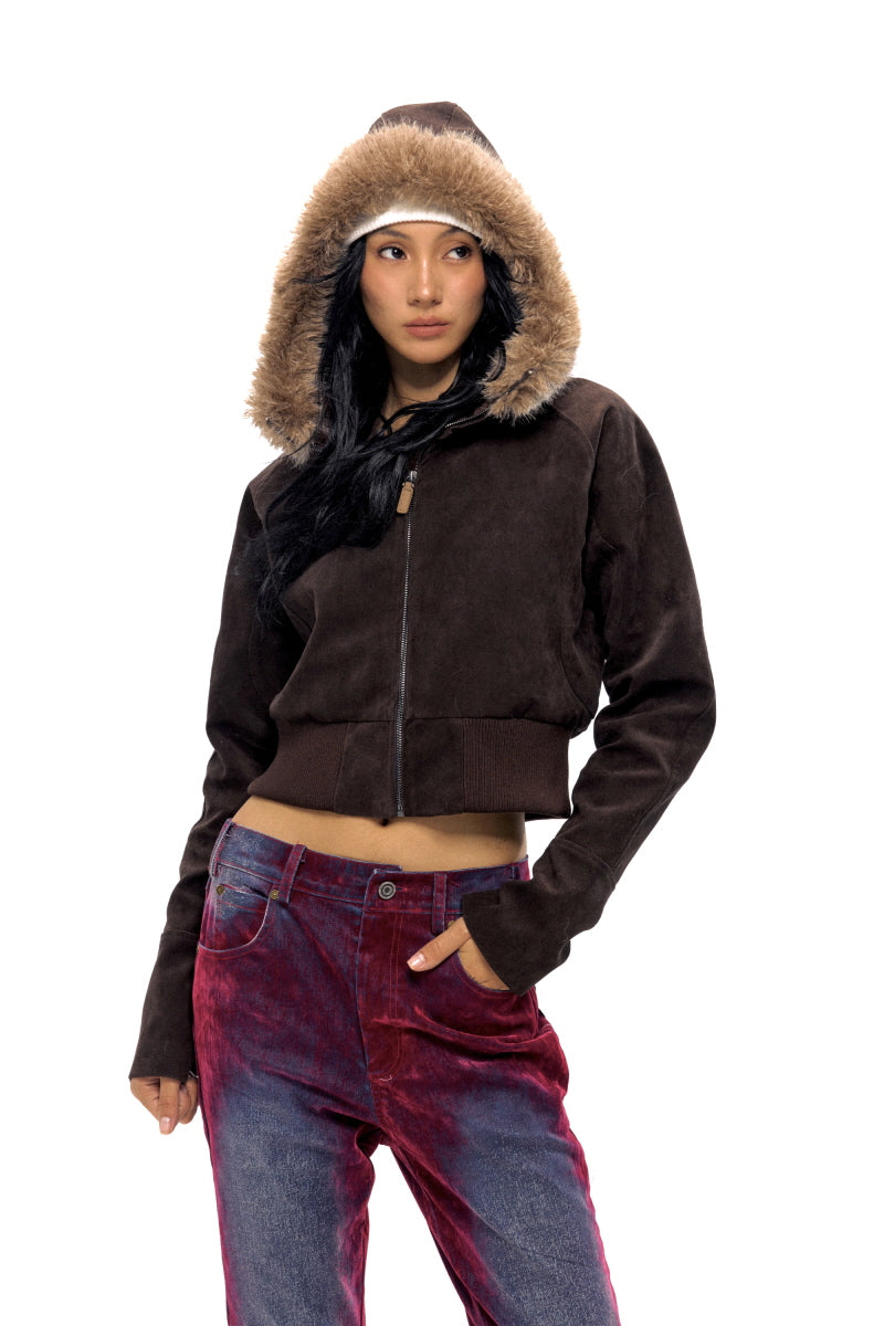 Faux Fur Trimmed Cropped Suede Hoodie