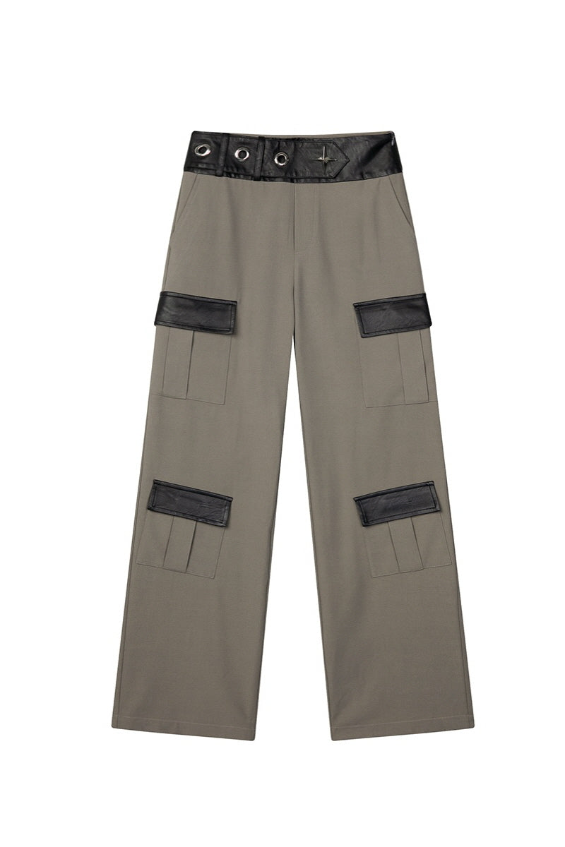 Leather Trim Low-Rise Cargo Pants