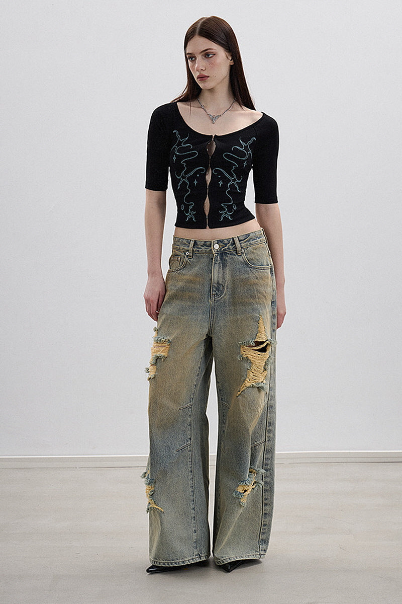 Distressed Vintage Straight Denim Pants