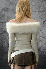 Fur Trim Off-Shoulder Top - Khaki