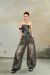 Burned Edge Distressed Wide-Leg Jeans