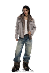 Faux Suede Buckled Fur Collar Jacket - Gray