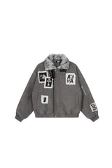 Shadow Patch Fur-Collar Warm Jacket - Gray