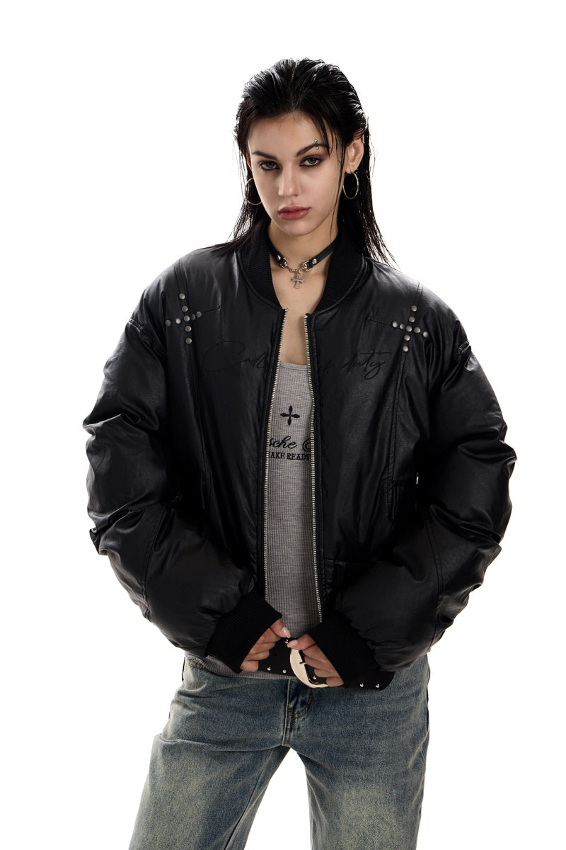 Stud Detail Cropped Leather Bomber Jacket