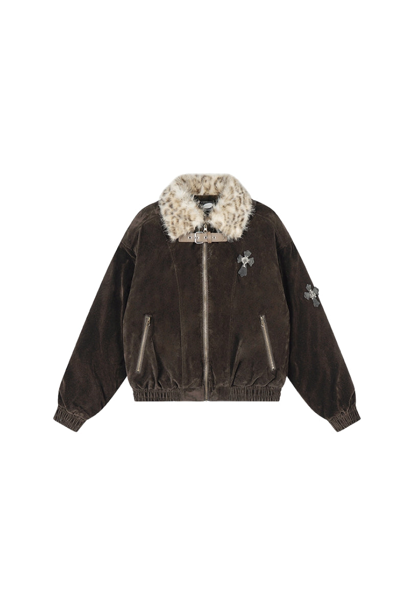 Leopard Lined Suede Bomber Jacket