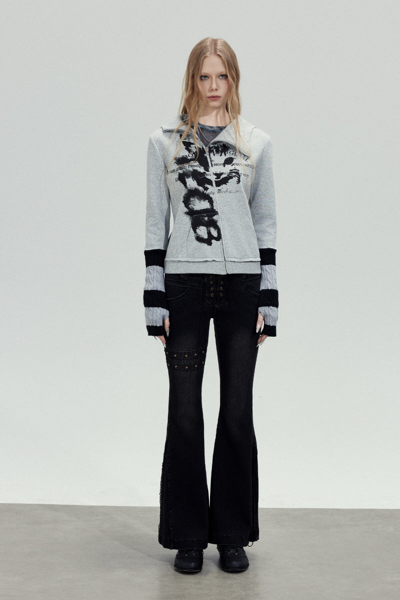 Grunge Print Cropped Zip Hoodie