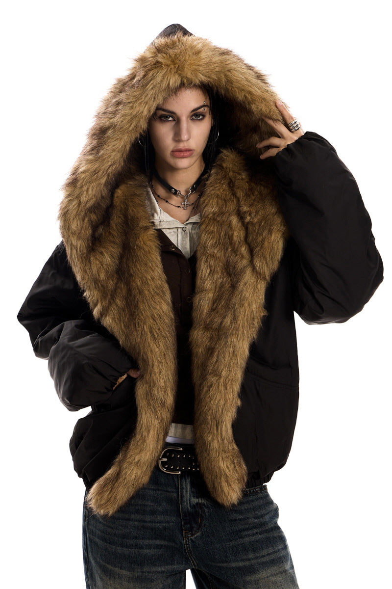 Urban Wolf Faux Fur Oversized Parka - Black