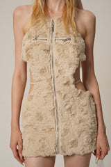 Creamy-White Faux Fur Zipper Mini Dress