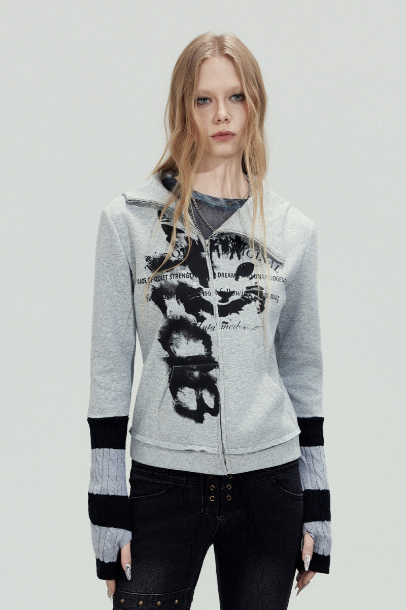 Grunge Print Cropped Zip Hoodie