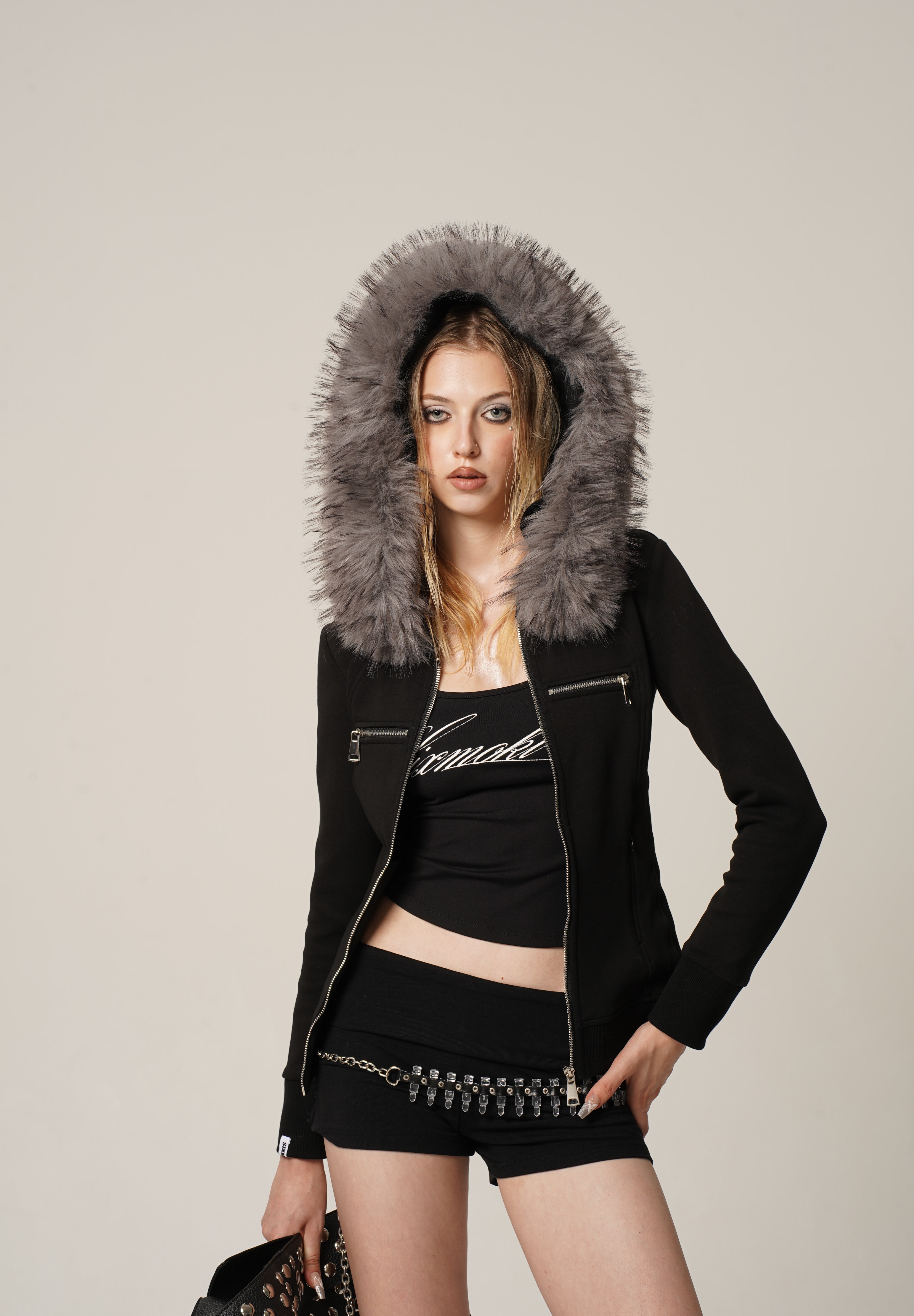 Fur Trimmed Elegance Hoodie Jacket - Black