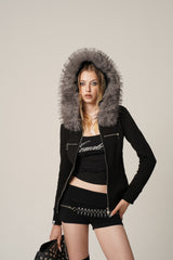 Fur Trimmed Elegance Hoodie Jacket - Black