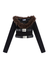 Belted Fur Trim Knit Top