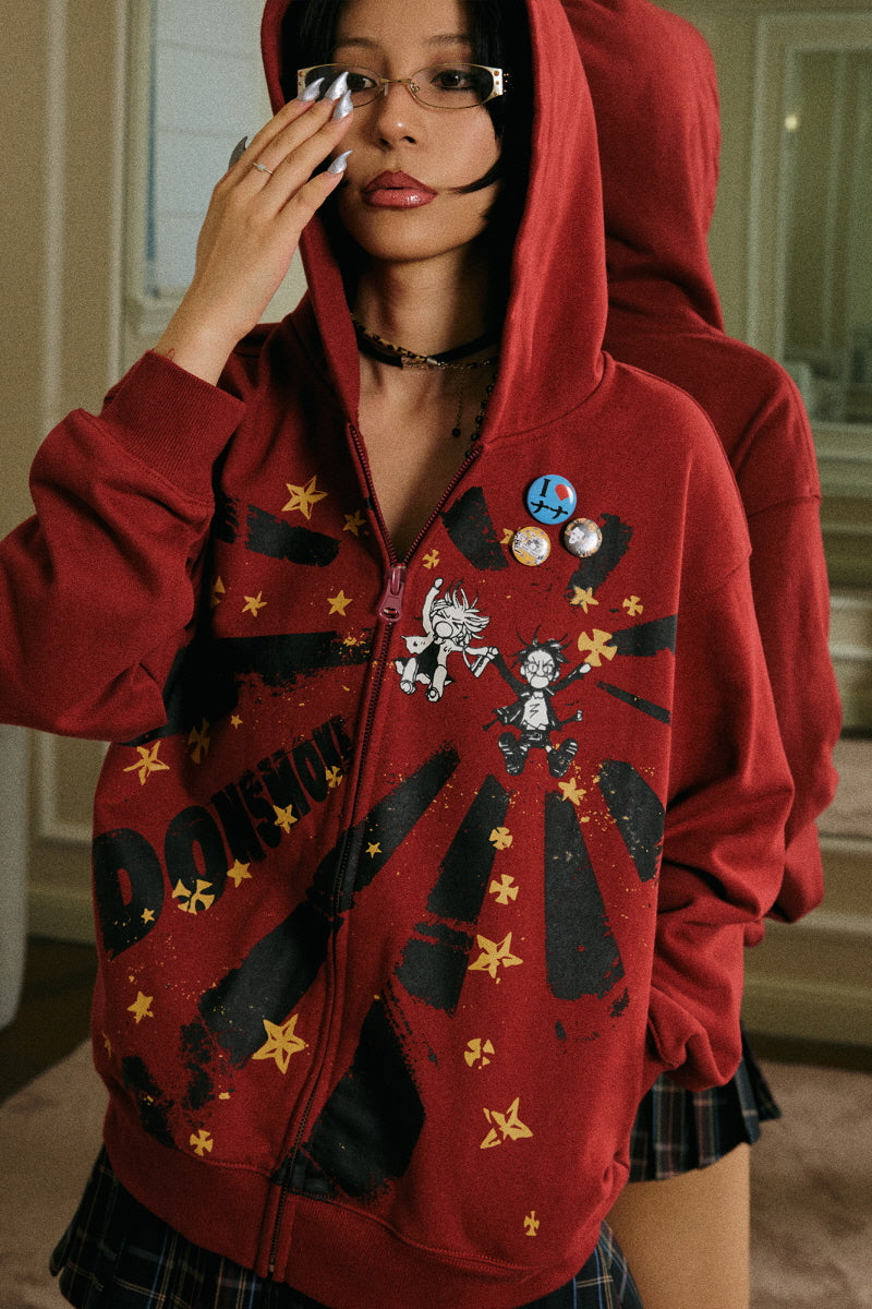 NANA Starburst Graphic Zip-Up Hoodie - Red