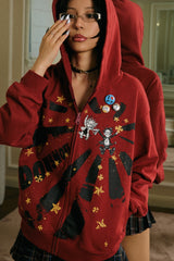 NANA Starburst Graphic Zip-Up Hoodie - Red