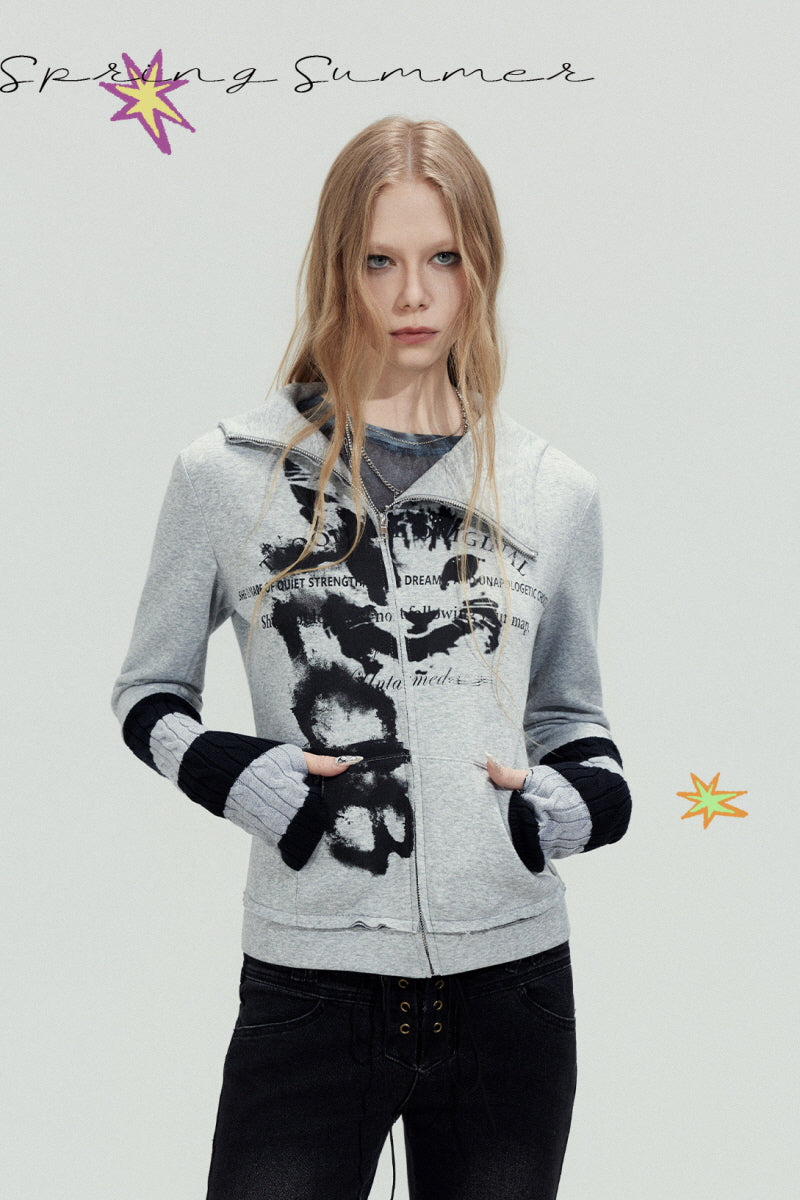 Grunge Print Cropped Zip Hoodie
