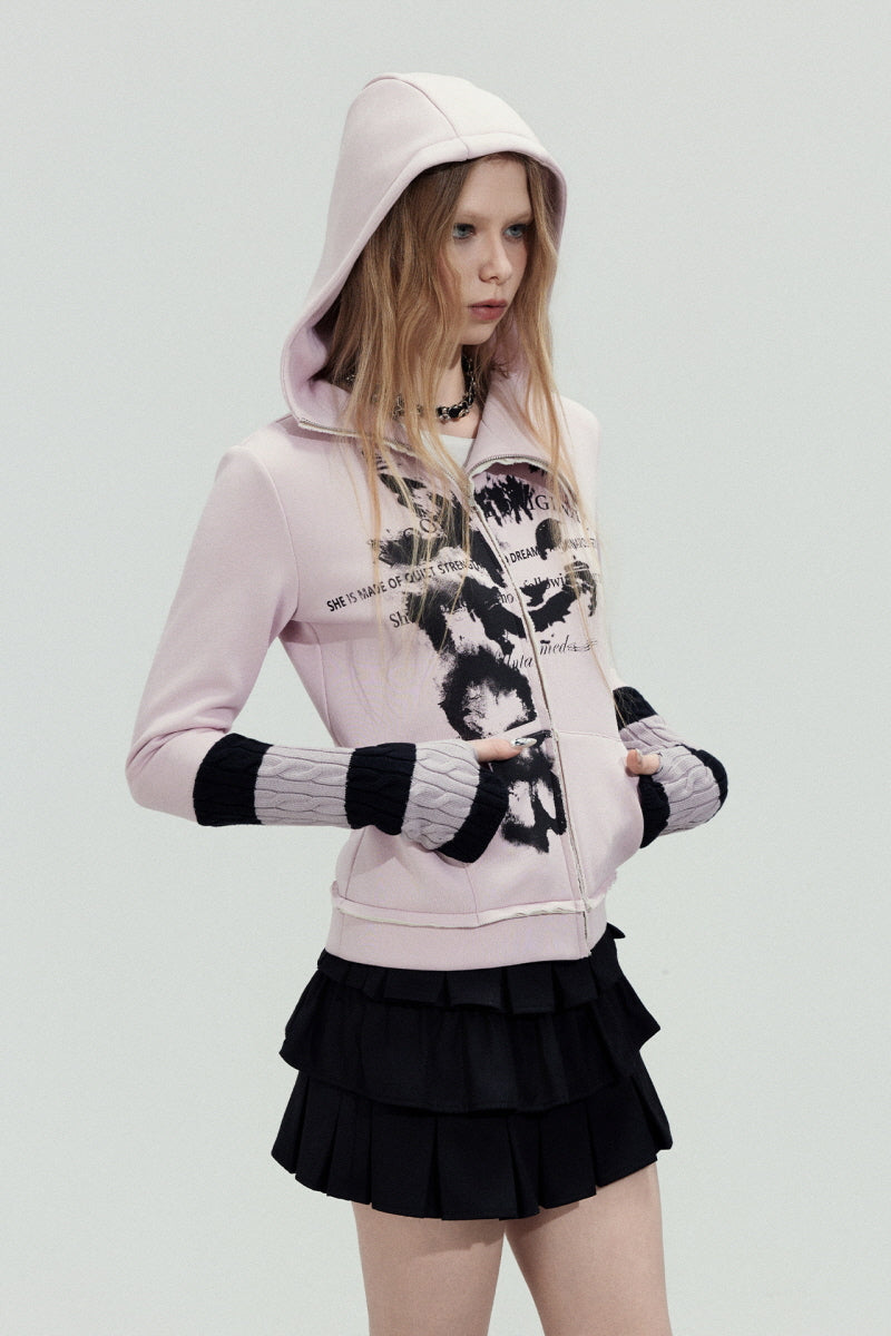 Grunge Print Cropped Zip Hoodie