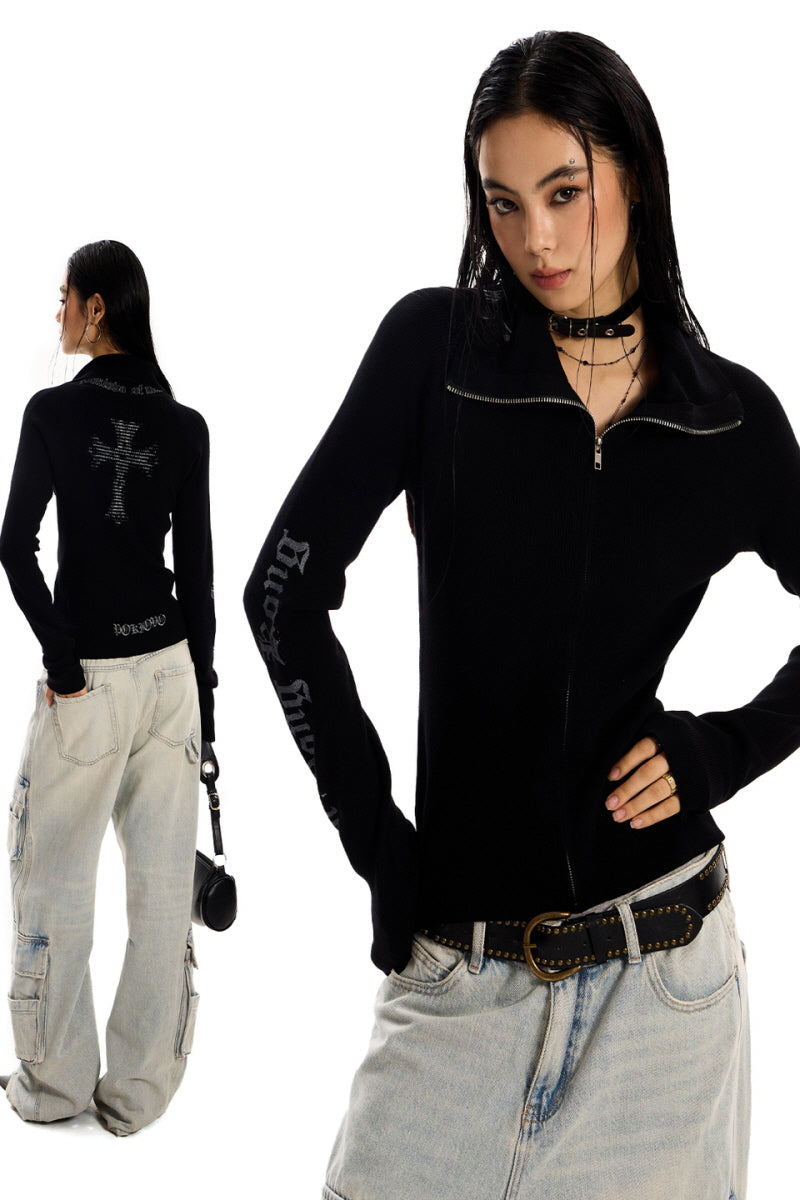 Crossed Shadows Ribbed Zip Sweater - Black