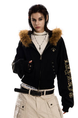 Fur-Trim Rebel Crop Hoodie -Black