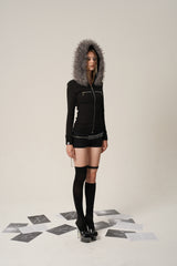 Fur Trimmed Elegance Hoodie Jacket - Black
