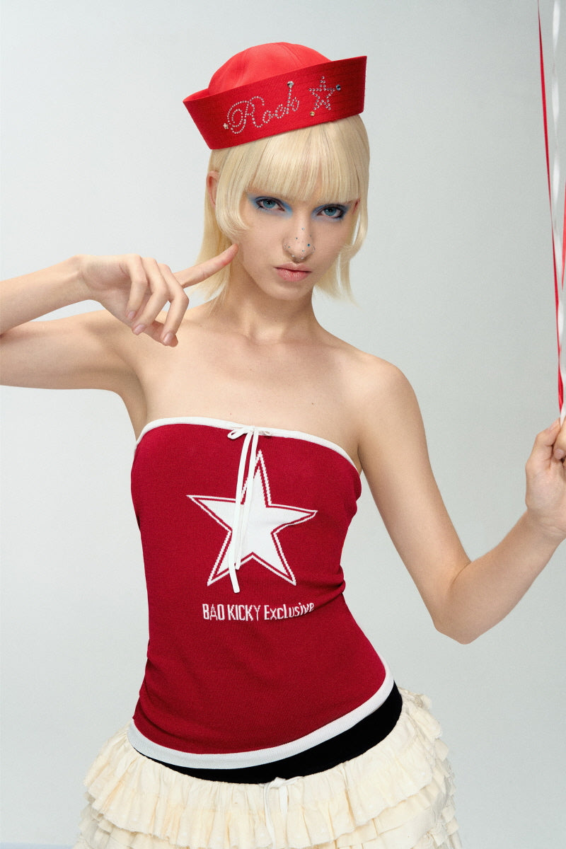 Star Emblem Red Bandeau Knit Top