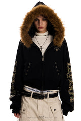 Fur-Trim Rebel Crop Hoodie -Black