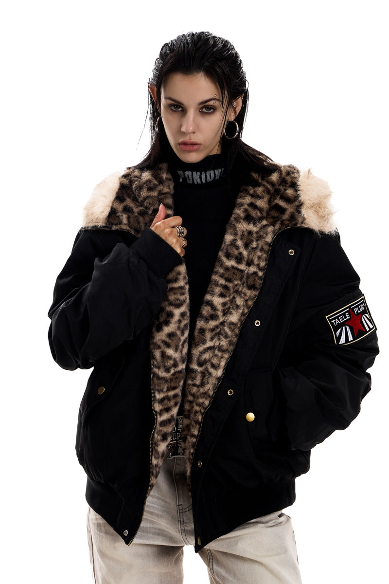 Leopard-Lined Urban Fur Hooded Bomber Jacket