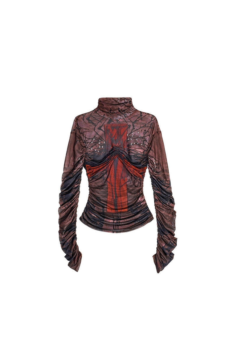 Blurry Cross Mesh Ruched Top
