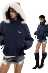 Frostbound Lace-Up Cropped Puffer Jacket - Navy