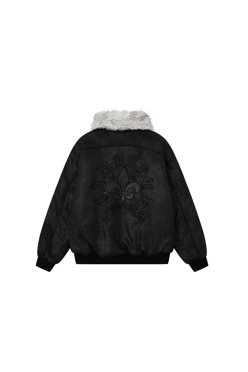 Shadow Crest Faux-Fur Suede Bomber Jacket - Black