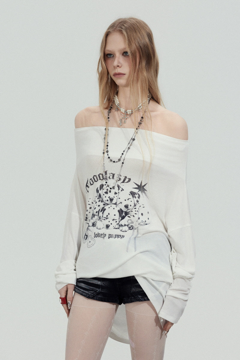 Graphic Off-Shoulder Loose Top