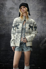 Bow Pattern Fair Isle Knit Cardigan