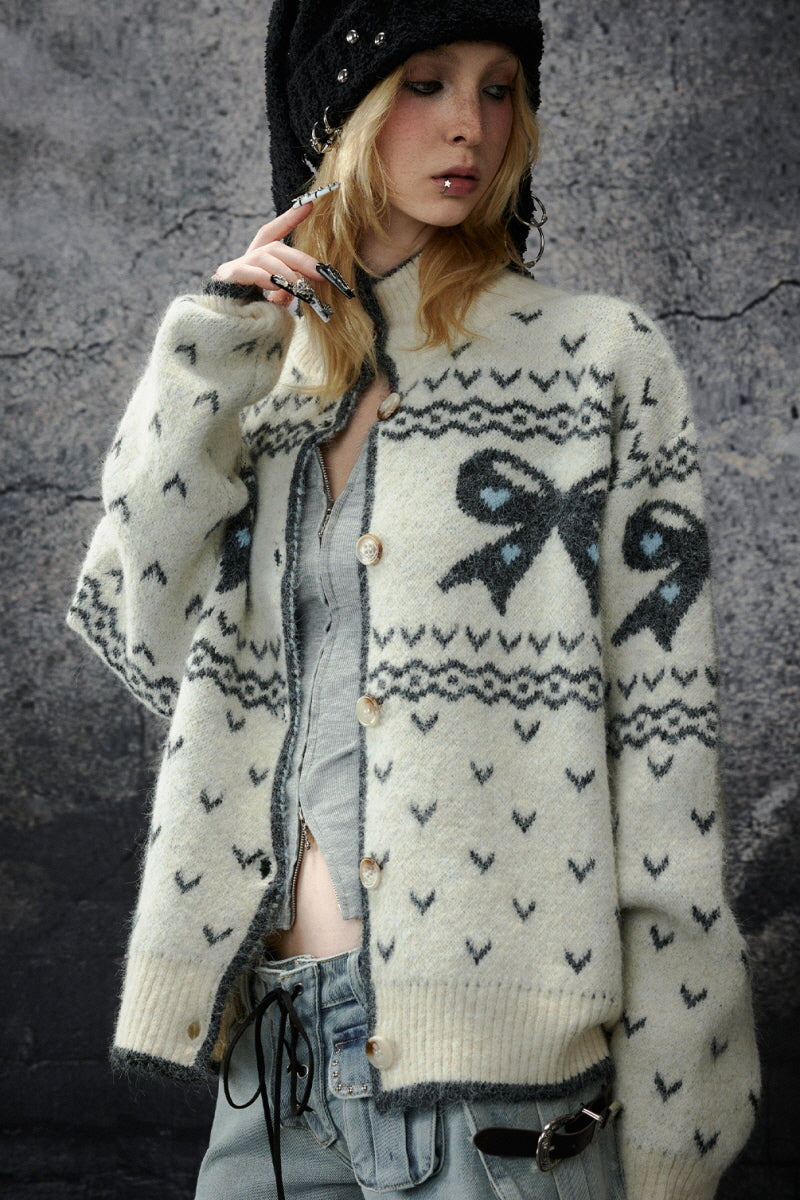 Bow Pattern Fair Isle Knit Cardigan