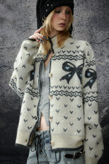 Bow Pattern Fair Isle Knit Cardigan