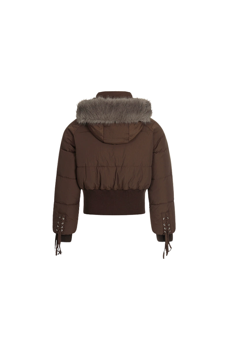 Frostbound Lace-Up Cropped Puffer Jacket - Brown