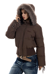Frostbound Lace-Up Cropped Puffer Jacket - Brown