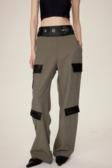 Leather Trim Low-Rise Cargo Pants