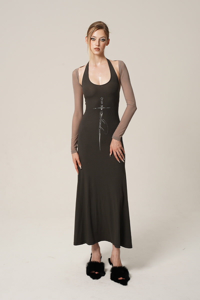 Black Sword Print Halterneck Maxi Dress