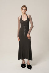 Black Sword Print Halterneck Maxi Dress